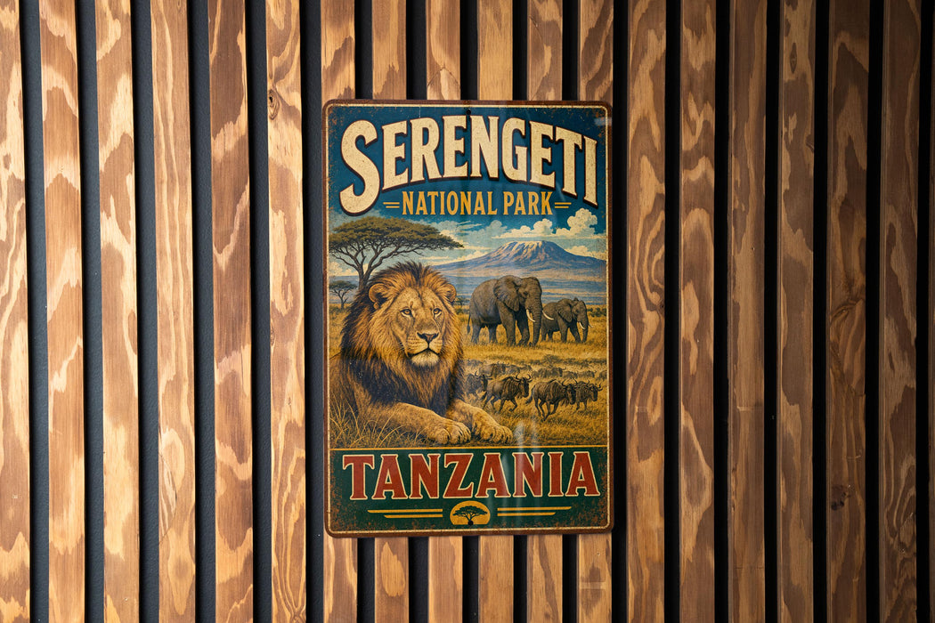 A vintage-style metal sign for Serengeti National Park in Tanzania, featuring an illustration of a lion and elephants in a grassy field.