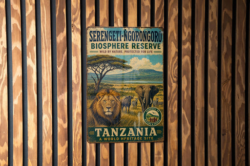 A vintage metal sign for the Serengeti-Ngorongoro Biosphere Reserve in Tanzania, featuring an illustration of a lion and elephants in a grassy savanna landscape.
