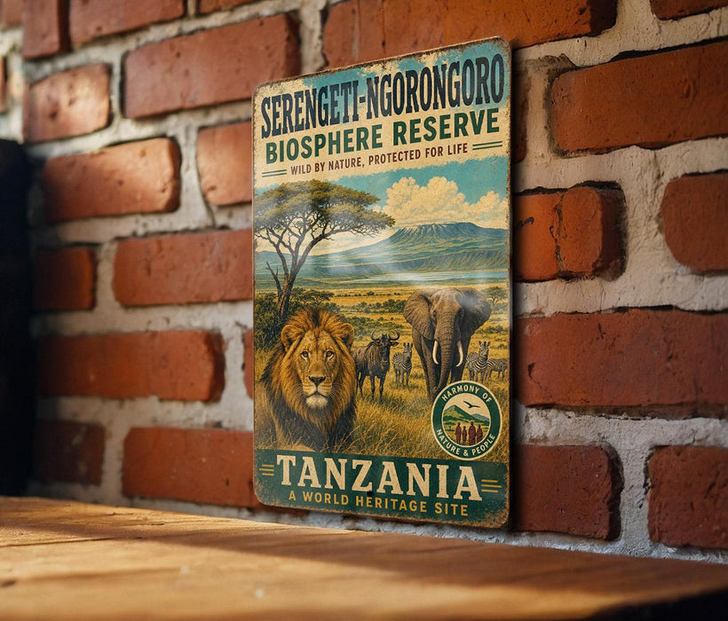 A vintage-style metal sign with an illustration of a lion and elephants in a grassy field, mounted on a brick wall.