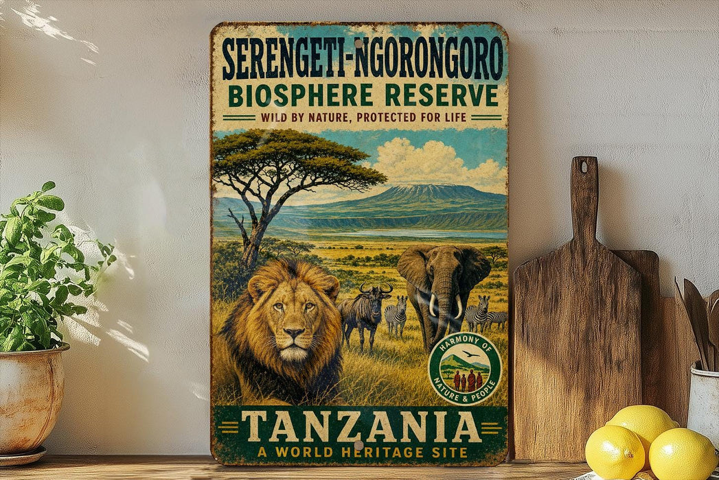 A vintage-style sign for the Serengeti-Ngorongoro Bioshare Reserve in Tanzania, featuring an illustration of a lion and elephants in a grassy savanna landscape with Mount Kilimanjaro in the background.