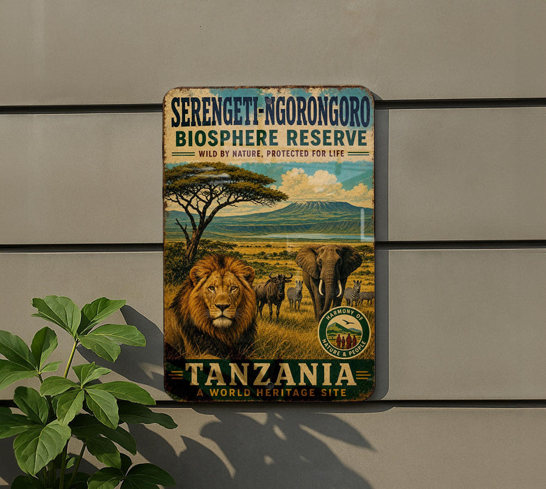 A vintage-style metal sign for the Serengeti-Ngorongoro Biosphere Reserve in Tanzania, featuring an illustration of a lion and elephants in a grassy savanna landscape.