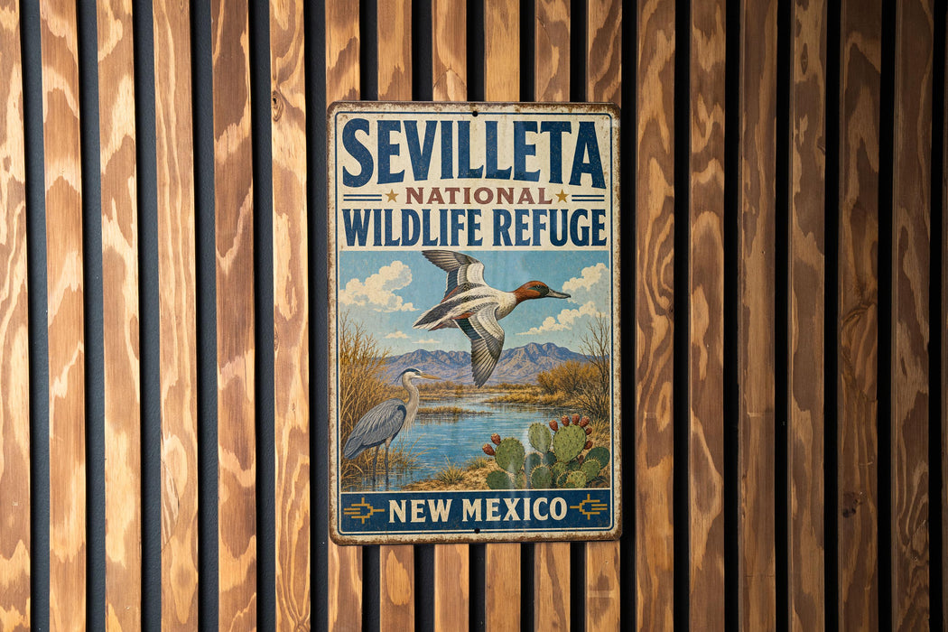 a vintage metal sign for the Seville National Wildlife Refuge in New Mexico, with a bird illustration and the text "SEVILLE" and "NATIONAL WILDLIFE REFUGE" prominently displayed.