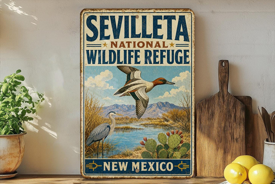 a vintage-style sign for the Seville National Wildlife Refuge in New Mexico, with a painting of a bird in flight and a serene landscape in the background.