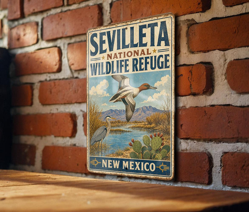 a vintage-style metal sign for the Seville National Wildlife Refuge, which is located in New Mexico.