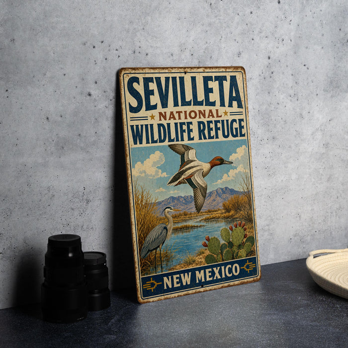 A vintage-style sign for the Seville National Wildlife Refuge in New Mexico, featuring an illustration of a bird in flight and a scenic landscape.