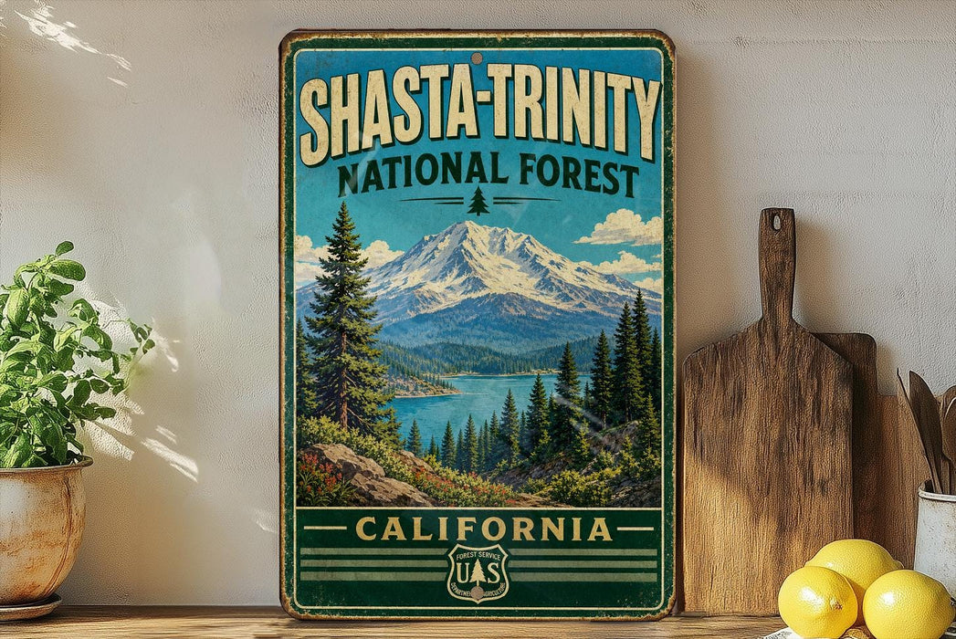 A vintage-style sign for Shasta-Trinity National Forest in California, featuring a mountain landscape with pine trees and a lake.