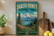 A vintage-style sign for Shasta-Trinity National Forest in California, featuring a mountain landscape with pine trees and a lake.