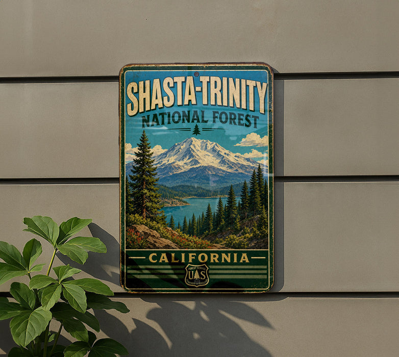 A vintage-style metal sign for Shasta-Trinity National Forest in California, featuring a mountain landscape with pine trees and a lake.
