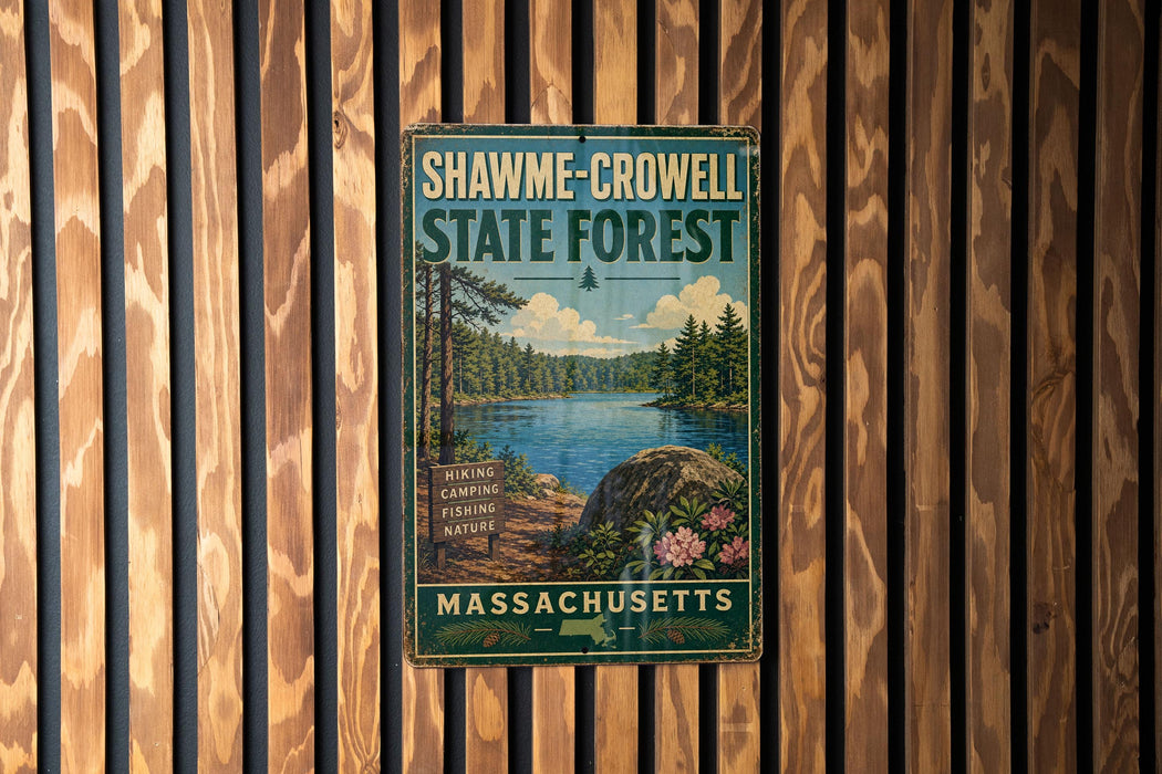 A vintage metal sign for Shawme-Crowell State Forest in Massachusetts, featuring a scenic landscape with a lake, pine trees, and a rocky outcrop.