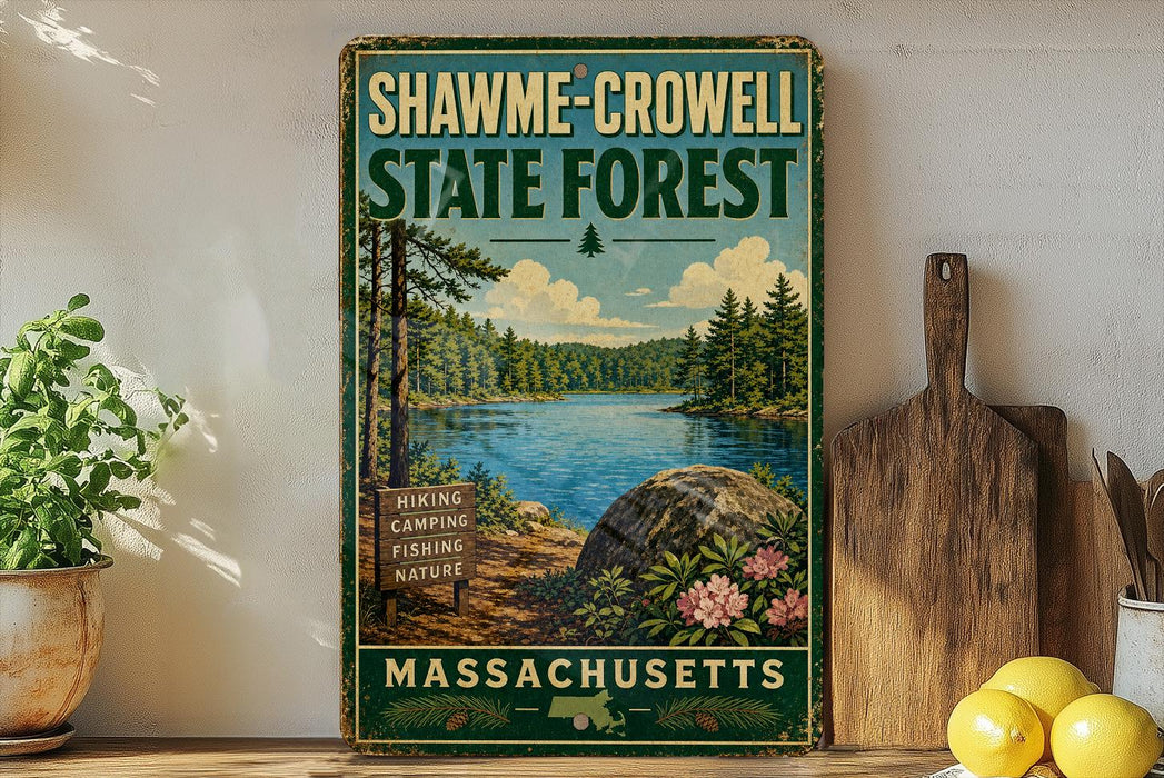 A vintage-style metal sign for Shawme-Crowell State Forest in Massachusetts, featuring a scenic landscape with pine trees, a lake, and a rocky outcrop.