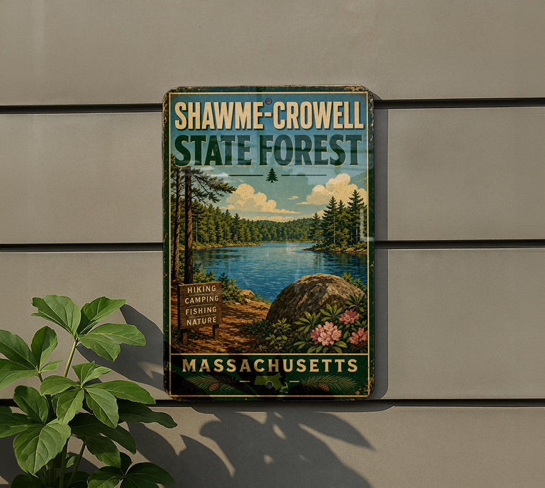 A vintage metal sign for Shawme-Crowell State Forest in Massachusetts, featuring a scenic landscape with a lake, pine trees, and a rock formation.