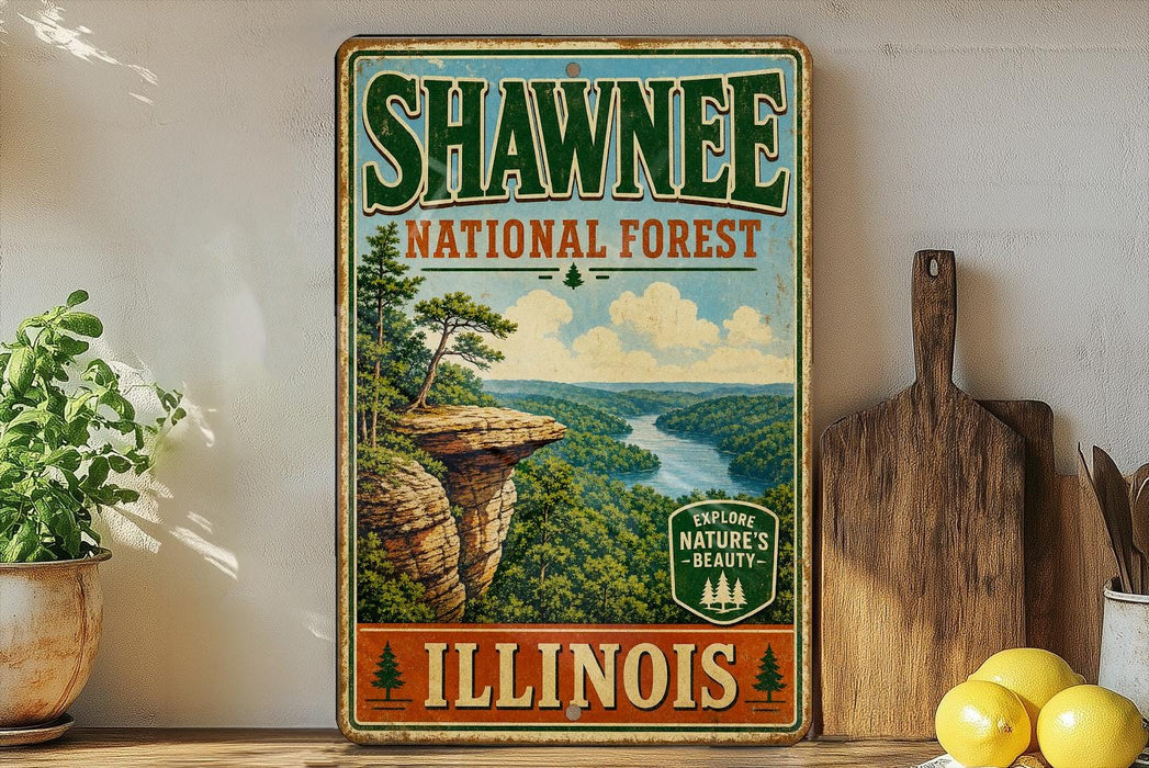 A vintage-style sign for Shawnee National Forest in Illinois, featuring a scenic landscape with a river and mountains.