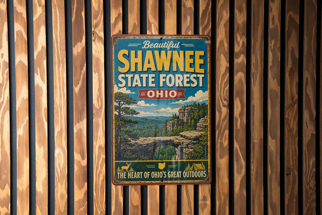 A vintage-style metal sign advertising Shawnee State Forest in Ohio, featuring a scenic landscape with a bridge and trees.