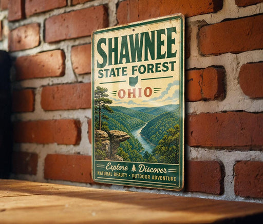 A vintage-style metal sign for Shawnee State Forest in Ohio, featuring a scenic illustration of a forest landscape with a river and a cliff.