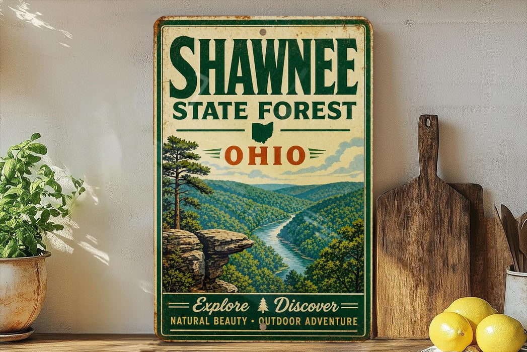 A vintage-style sign for Shawnee State Forest, Ohio, featuring a scenic landscape with a river and mountains.