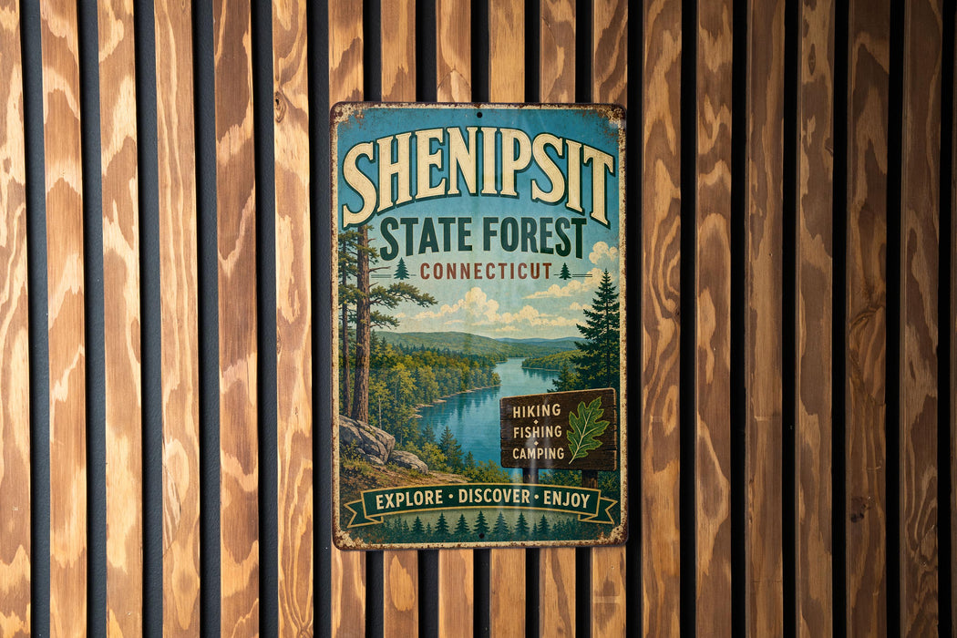 a vintage-style metal sign for Shenipsit State Forest in Connecticut, mounted on a wooden wall.