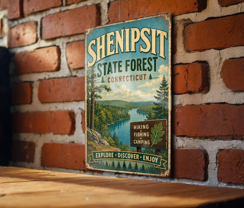 A vintage-style sign for Shenipit State Forest in Connecticut, featuring a scenic landscape with a river and pine trees.