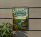 a vintage-style sign for the Shennipit State Forest in Connecticut, with a scenic landscape of a river, trees, and mountains.
