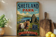 A vintage-style sign for Shetland Park, featuring a horse and a castle in the background, with the text "UNITED KINGDOM" and "NATURE HISTORY WILDLIFE HISTORY" displayed.