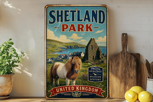 A vintage-style sign for Shetland Park, featuring a horse and a castle in the background, with the text "UNITED KINGDOM" and "NATURE HISTORY WILDLIFE HISTORY" displayed.
