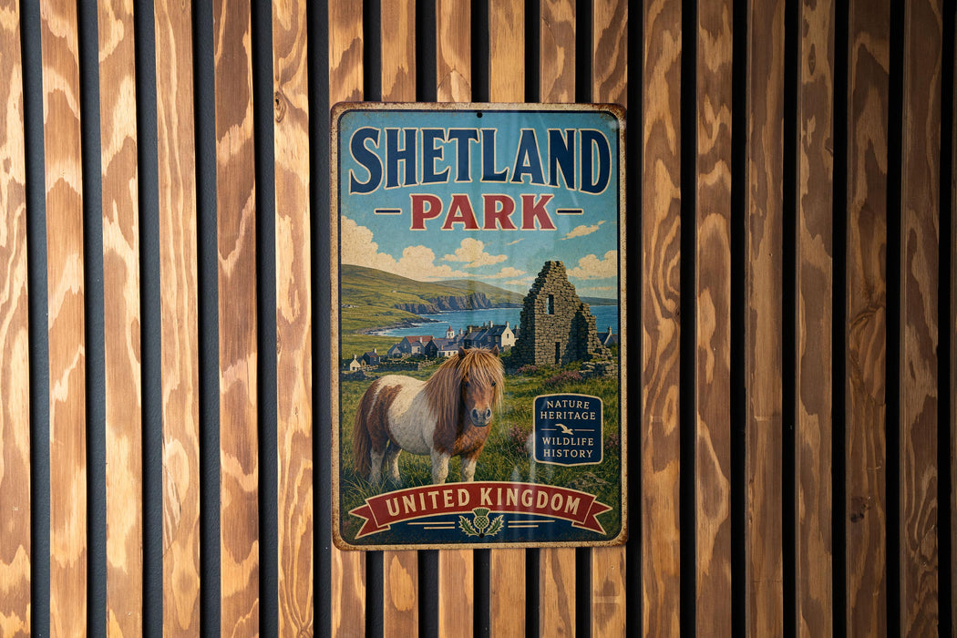 A vintage metal sign for Shetland Park, featuring a horse and a castle in the background, is displayed on a wooden wall.