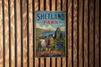 A vintage metal sign for Shetland Park, featuring a horse and a castle in the background, is displayed on a wooden wall.