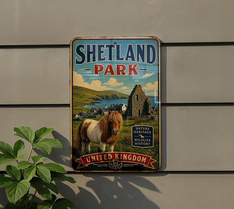 A vintage-style metal sign for Shetland Park, featuring a horse and a castle in the background, with the text "SHETLAND PARK" prominently displayed.