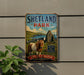 A vintage-style metal sign for Shetland Park, featuring a horse and a castle in the background, with the text "SHETLAND PARK" prominently displayed.