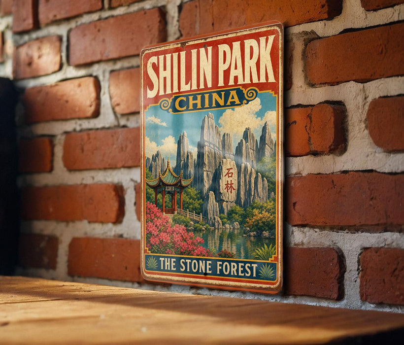 A vintage-style metal sign for Shilin Park, China, featuring a scenic landscape with mountains, a pagoda, and a stone forest.