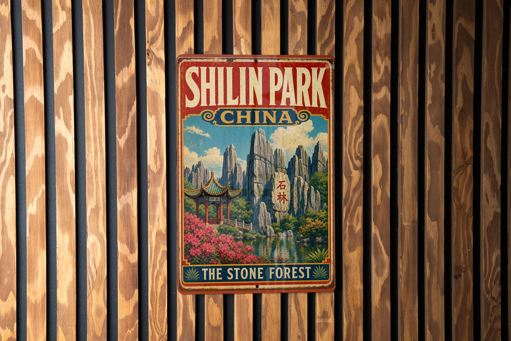 A vintage-style metal sign for Shilin Park, China, featuring a scenic landscape with mountains, pagodas, and a stone forest.