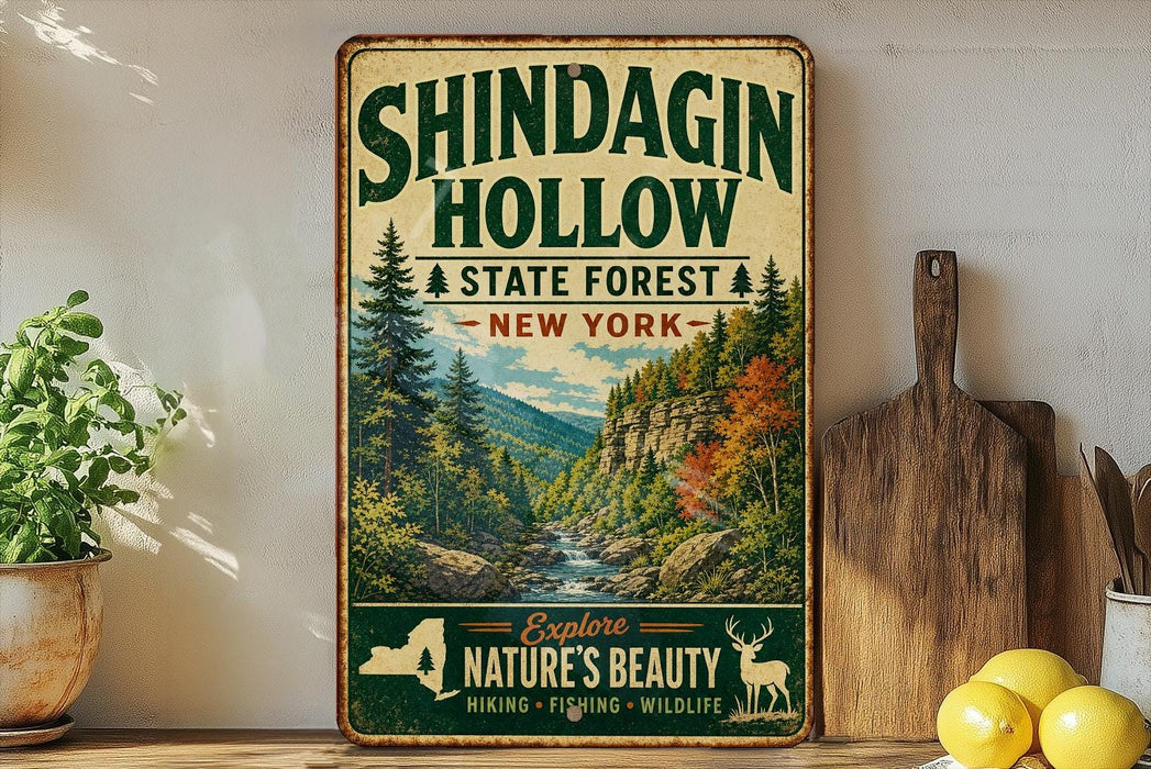 A vintage-style metal sign for Shindagin Hollow State Forest in New York, featuring a scenic image of a forest with a river and mountains.
