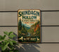 A vintage-style metal sign for Shindagin Hollow, a state forest in New York, featuring a scenic illustration of the forest and a deer.