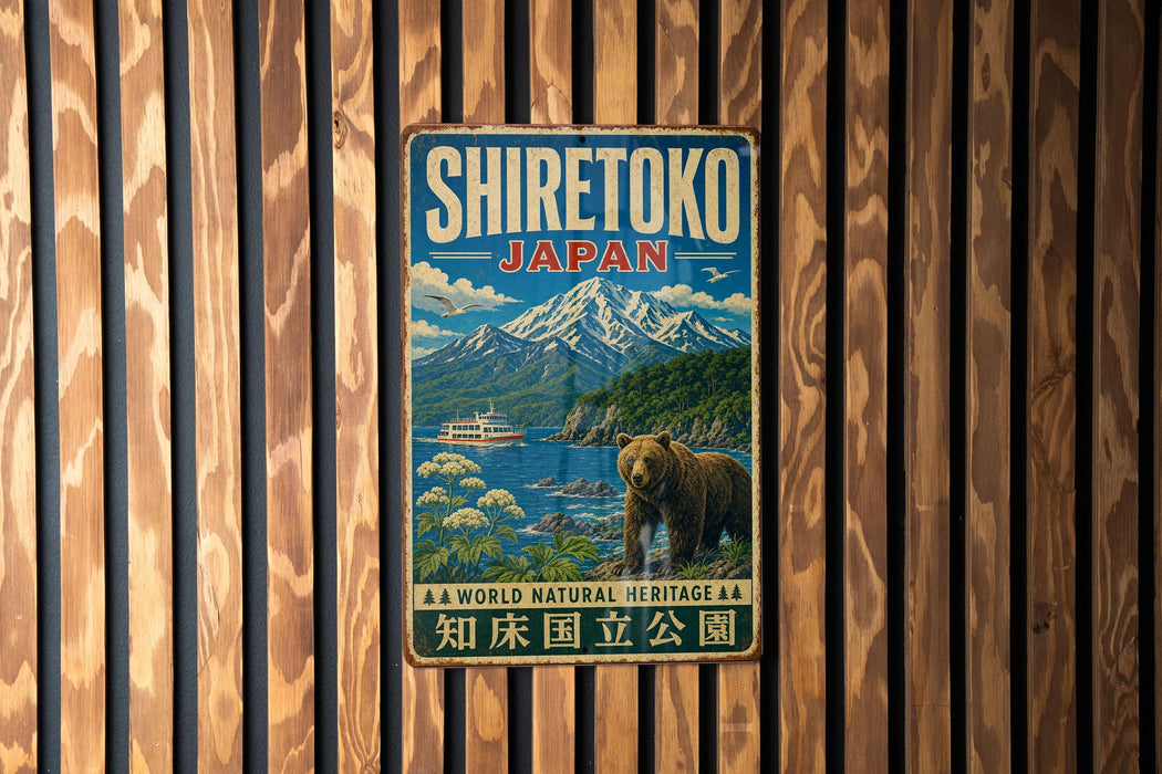 A vintage-style metal sign with the text "SHIRETOKO JAPAN" and an illustration of a bear standing in front of a mountain landscape.