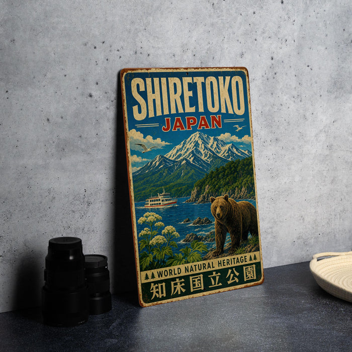 A vintage-style metal sign for Shiretoko, Japan, featuring a bear and a scenic landscape with mountains and a river.