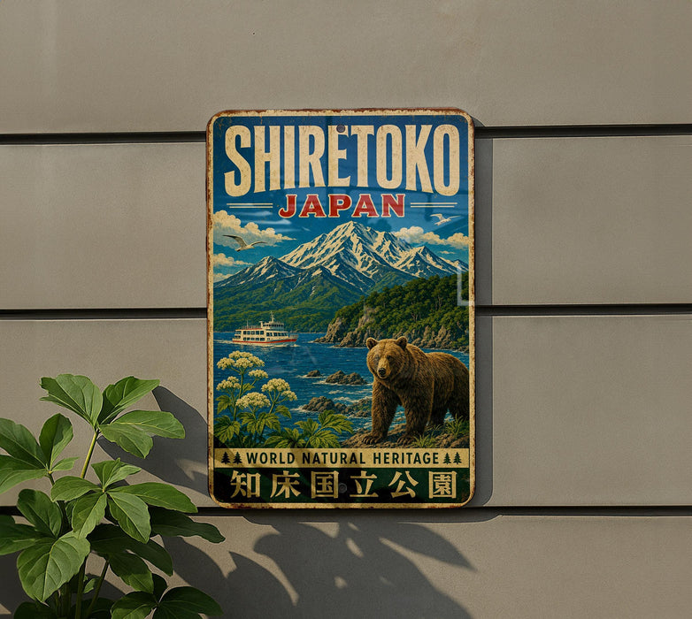 A vintage-style metal sign with the text "SHIRETOKOTO JAPAN" and an illustration of a bear in a natural setting, with mountains in the background.