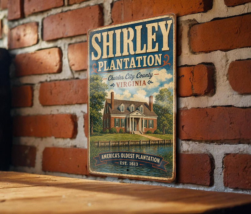 A vintage-style metal sign for "Shirley Plantation" in Virginia, featuring an illustration of a historic house and a body of water.