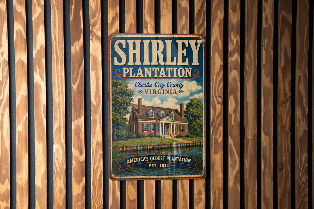 A vintage metal sign for Shirley Plantation, a historic plantation in Virginia, is displayed on a wooden wall.