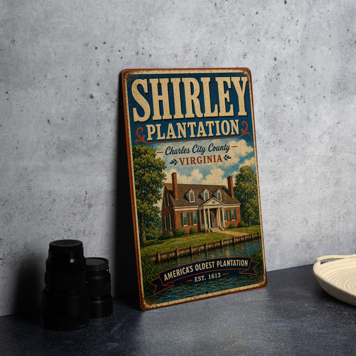 A vintage-style metal sign for Shirley Plantation, featuring an illustration of a historic house surrounded by trees and a body of water.