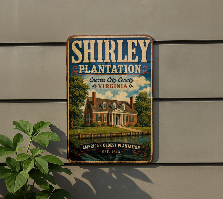 A vintage-style sign for Shirley Plantation, a historic plantation in Virginia, with a house and trees in the background.