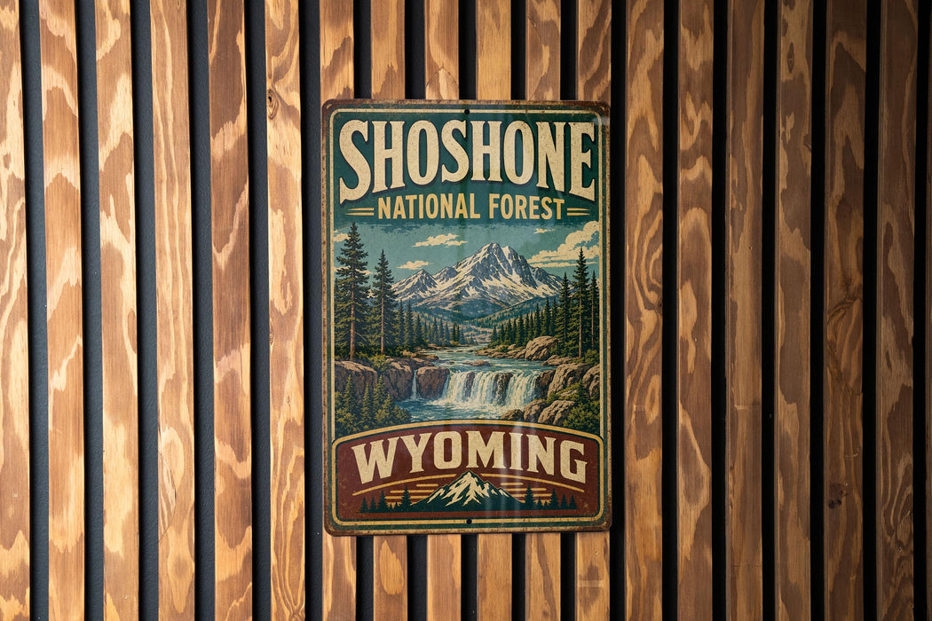 A vintage-style metal sign for Shoshone National Forest in Wyoming, featuring a mountain landscape with a waterfall.