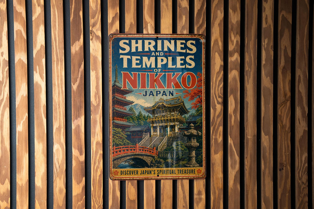 A vintage-style metal sign with the title "SHRINES AND TEMPLES OF NIKKO JAPAN" is displayed on a wooden wall.