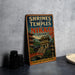 A vintage-style sign advertising the Shrines and Temples of Nikko, Japan, featuring an illustration of a temple and pagoda.