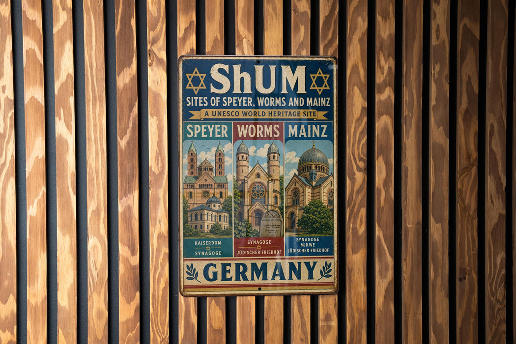a poster advertising Shum, a site of Seyer, Worms and Mainz, a UNESCO World Heritage Site. The poster includes the names of the sites and the city of Shum, as well as the name of the site in German.