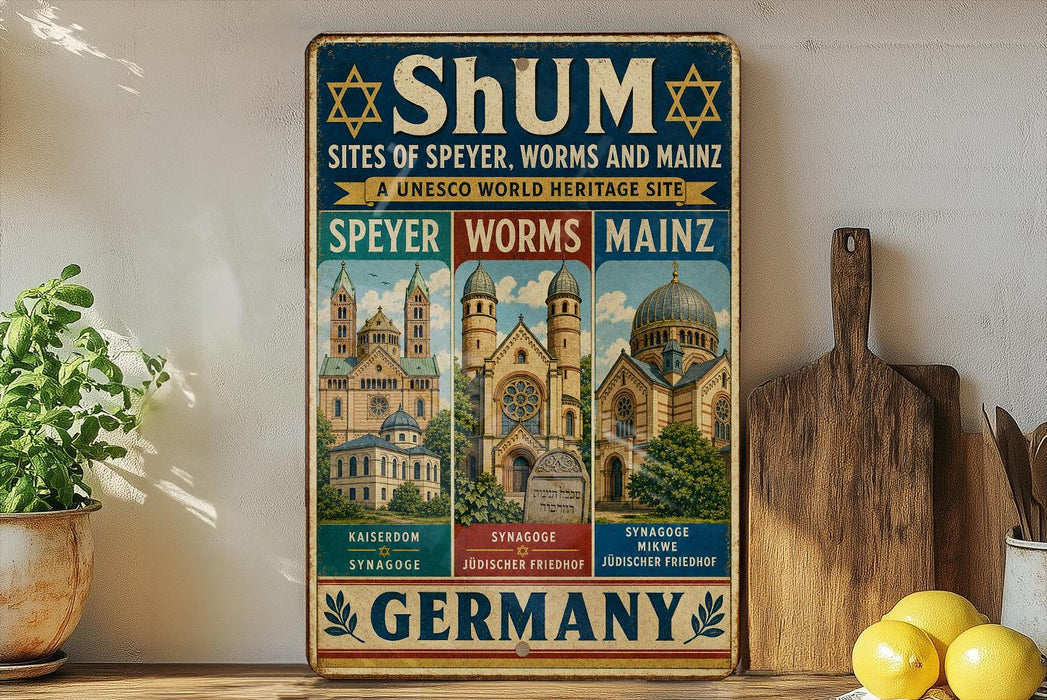 a vintage-style sign for Shum, a UNESCO World Heritage Site in Germany, with illustrations of various religious buildings.