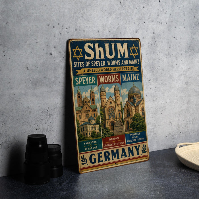 A vintage-style metal sign with text and illustrations of buildings, including a church and a cathedral, is displayed on a gray countertop.