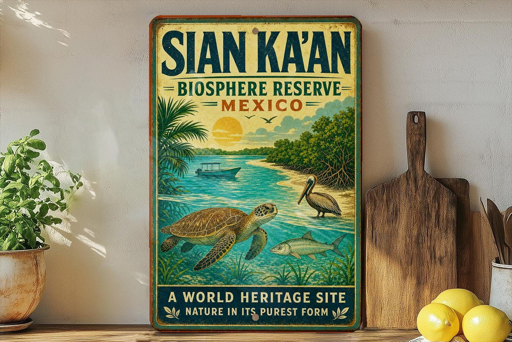 A vintage-style sign for the Sian Kaan Biosphere Reserve in Mexico, featuring a tropical beach scene with a turtle, pelican, and fish.