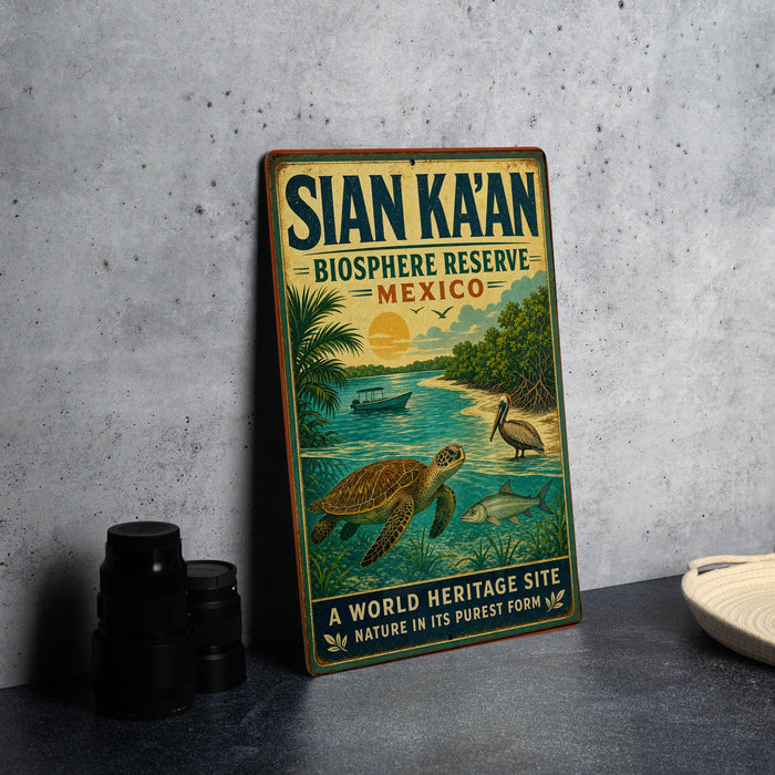 A vintage-style sign for the Sian Ka'an Biosphere Reserve in Mexico, featuring a tropical landscape with a turtle, palm tree, and other wildlife.