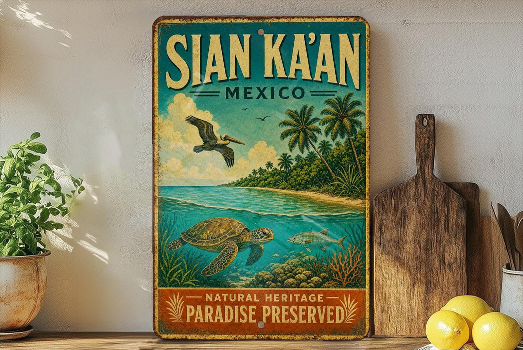 A vintage-style metal sign with a tropical beach scene, featuring a pelican, turtle, and palm trees, along with the text "SIAN KÁAN MEXICO" and "NATURAL HERITAGE PARADISE PRESERVED".