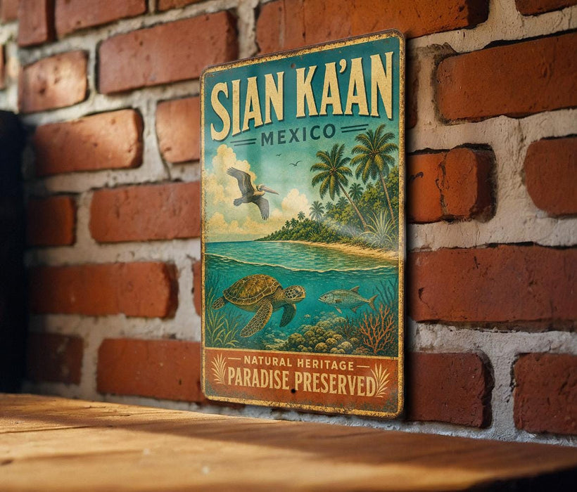 A vintage-style metal sign with the text "SIAN KÁAN MEXICO" and an illustration of a tropical island, palm trees, and a turtle swimming in the ocean.