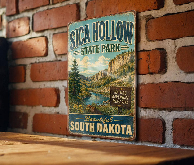 A vintage-style metal sign for Sica Hollow State Park, featuring a scenic landscape with a river and mountains, mounted on a brick wall.